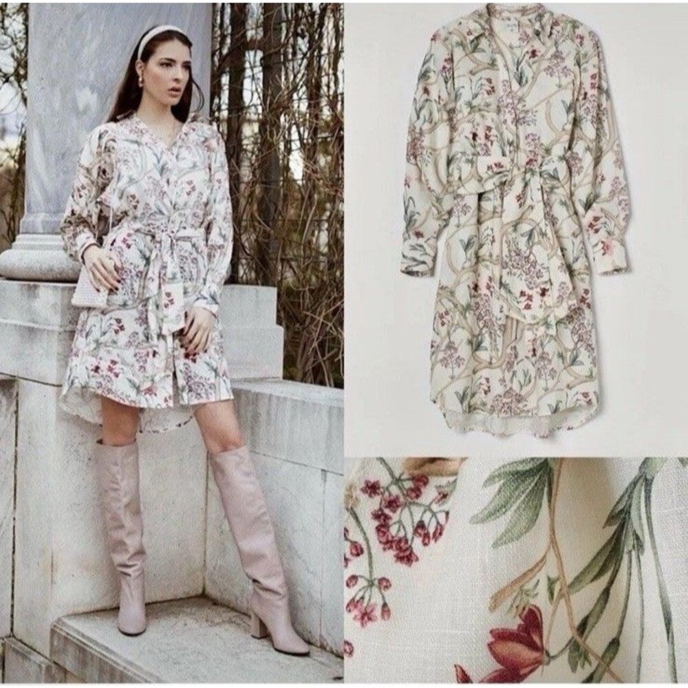 Johanna Ortiz x H&M Womens 100% Linen Shirt Dress XL Floral Long Sleeve Midi
